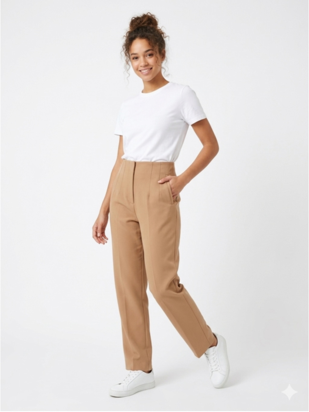 Women's ZARA High-Waisted Tailored Trousers in Tan Camel Beige- Size L - 793